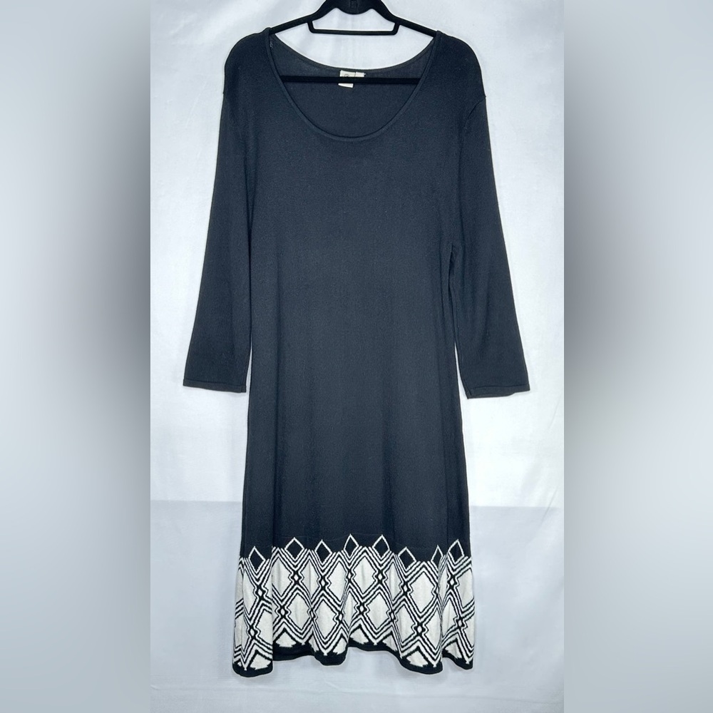Sangria Black & White Sweater Dress Geometric Border Pattern Sz XL